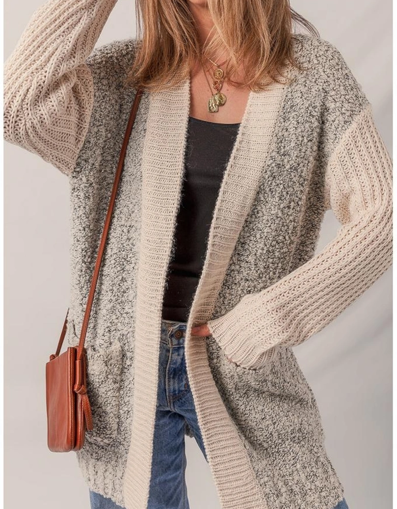 High Color Block Side Pockets Open Front Cardigan
