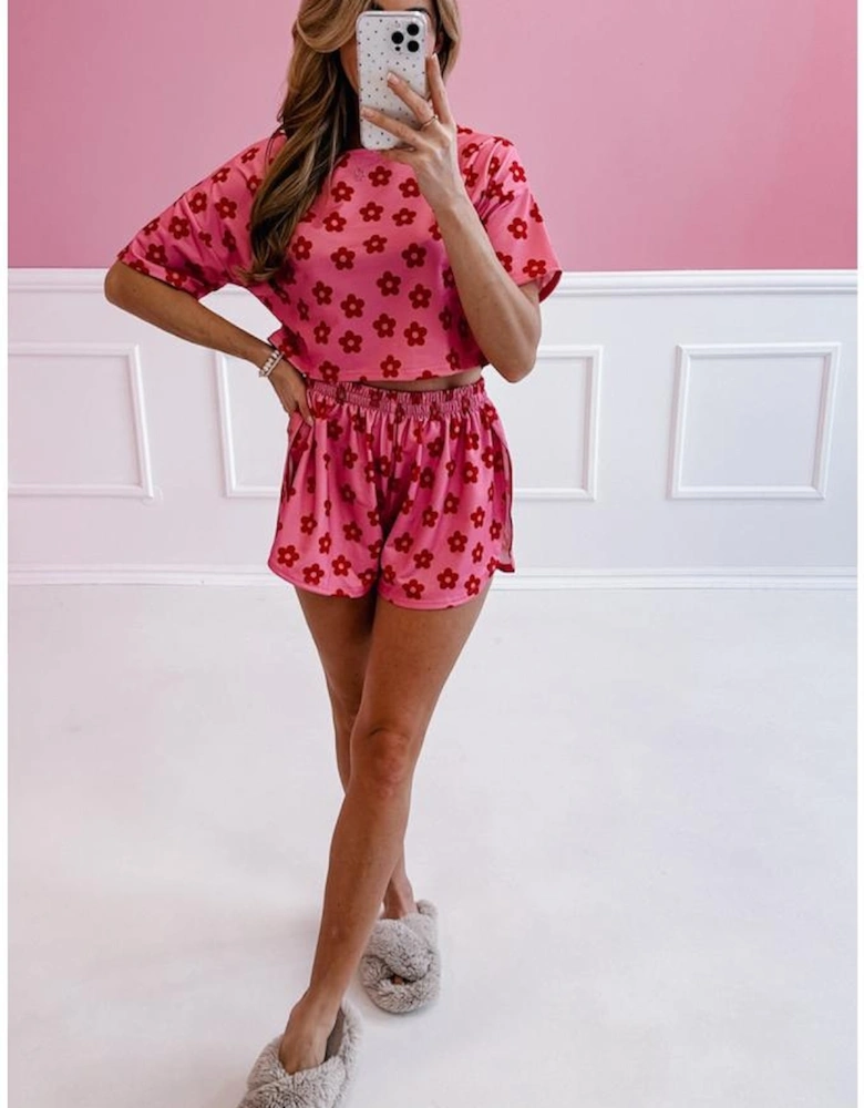Rose Floral Print Crop Tee and Shorts Lounge Set