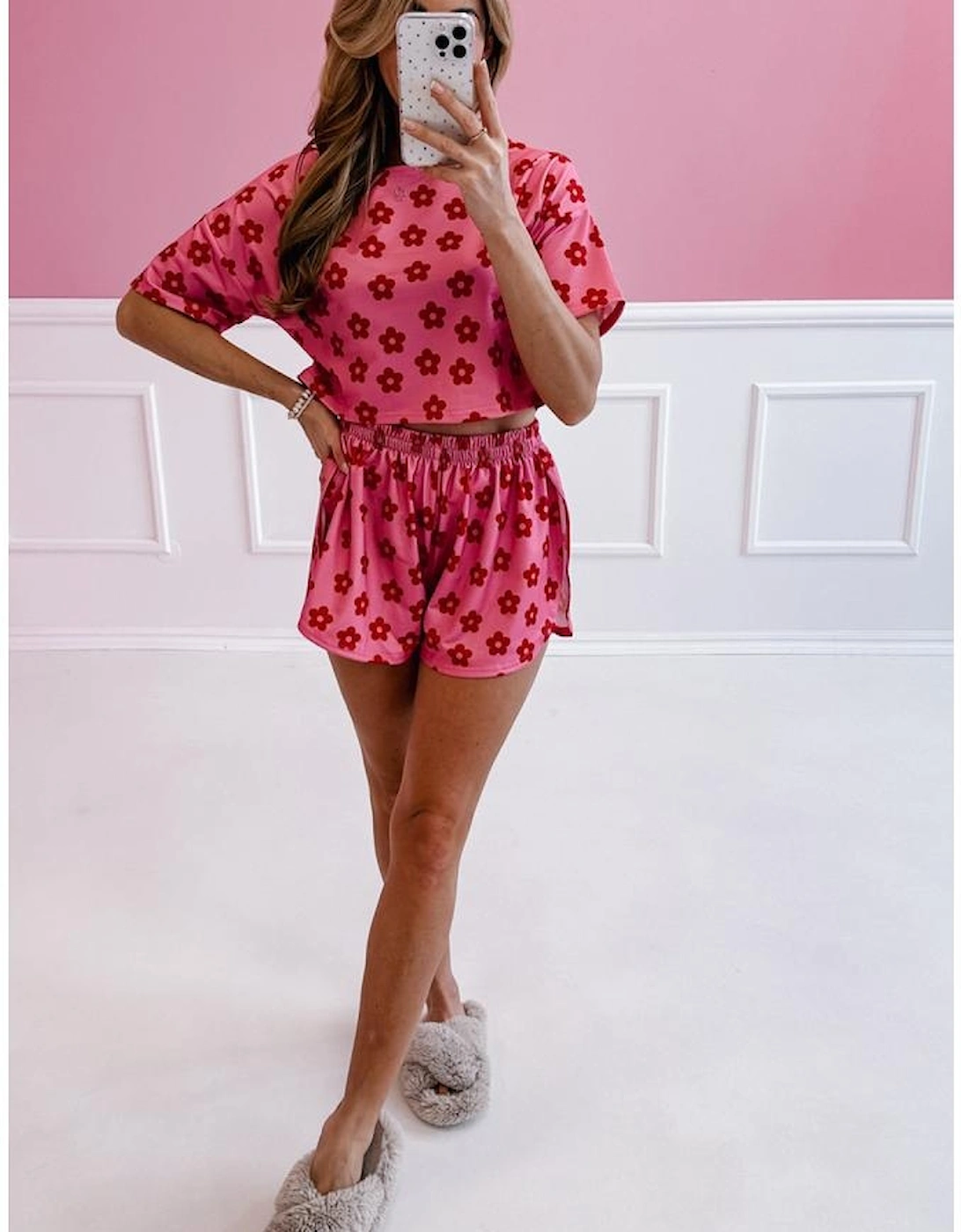 Rose Floral Print Crop Tee and Shorts Lounge Set