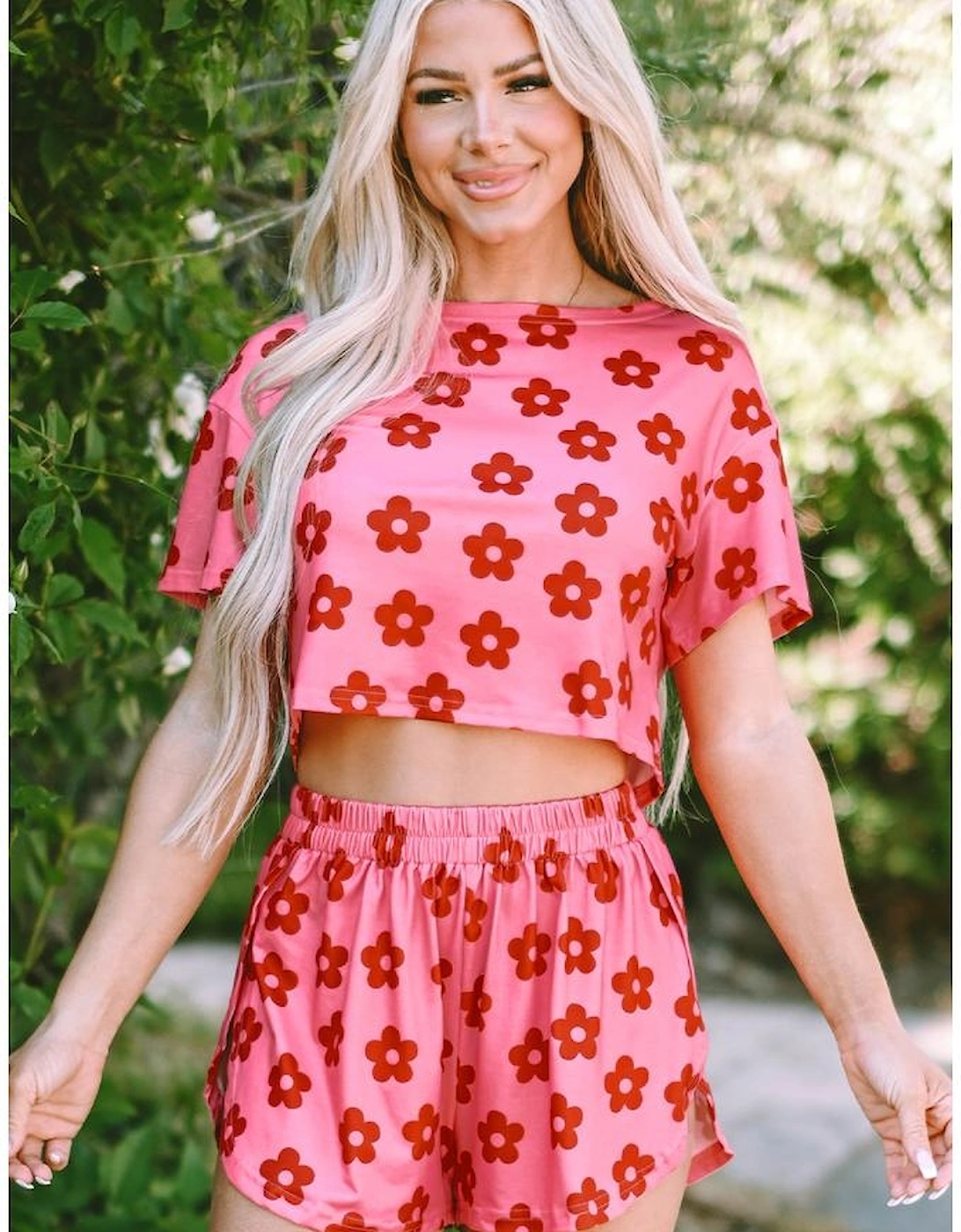 Rose Floral Print Crop Tee and Shorts Lounge Set
