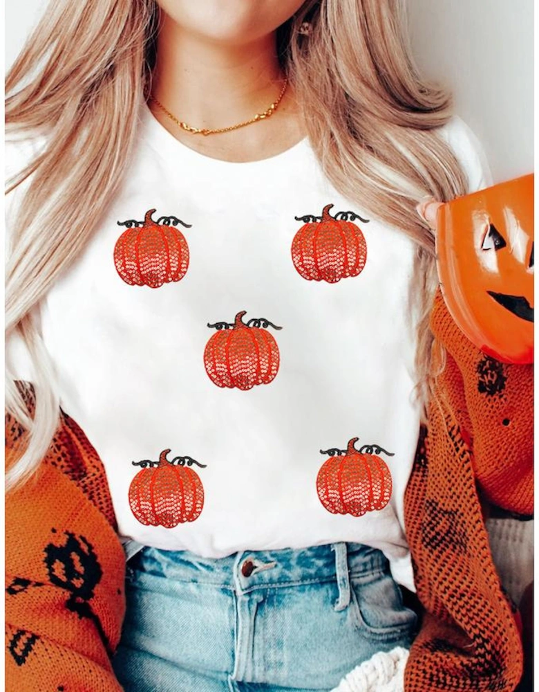 White Glitter Pumpkin Patched Cotton Blend T Shirt