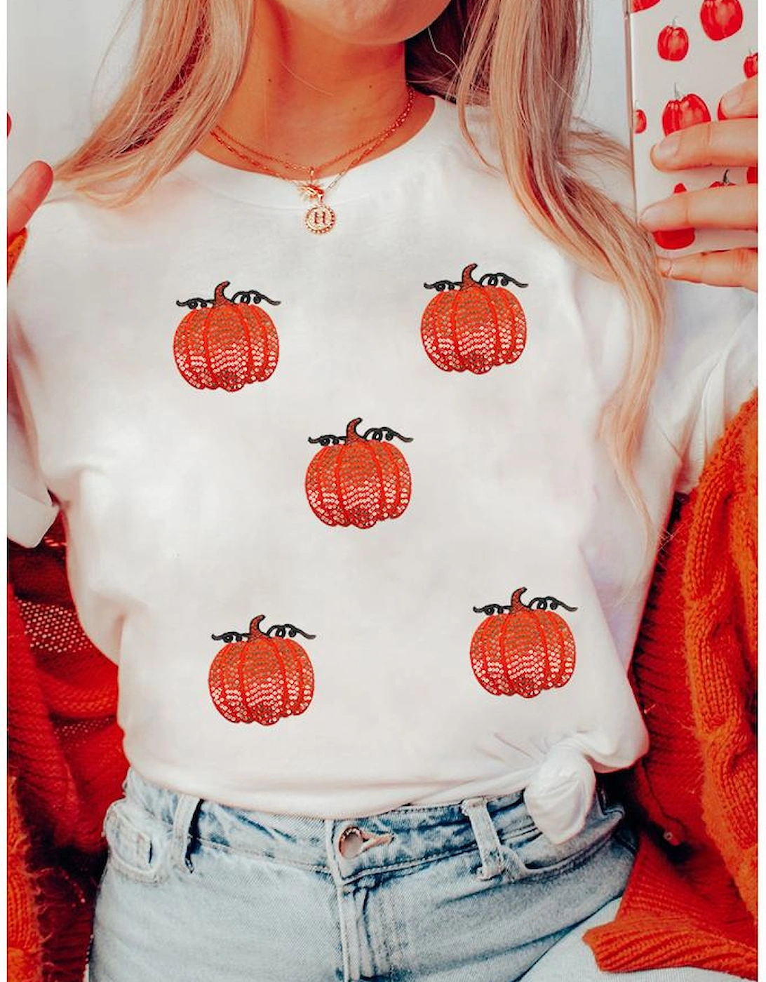 White Glitter Pumpkin Patched Cotton Blend T Shirt, 7 of 6