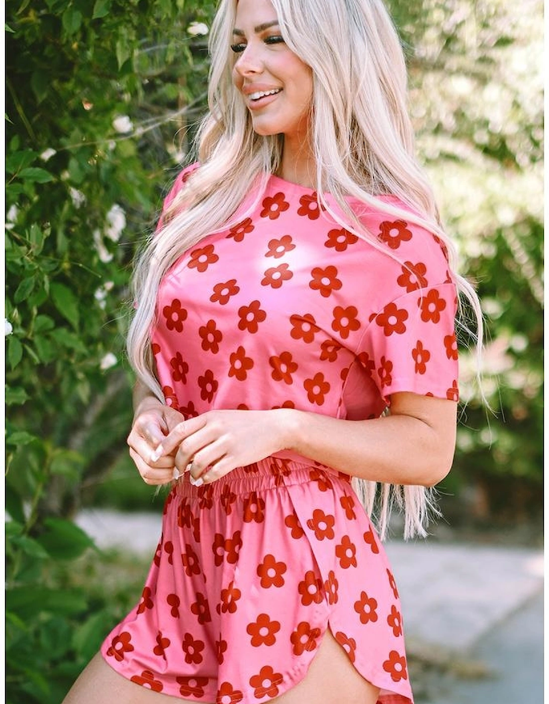 Rose Floral Print Crop Tee and Shorts Lounge Set