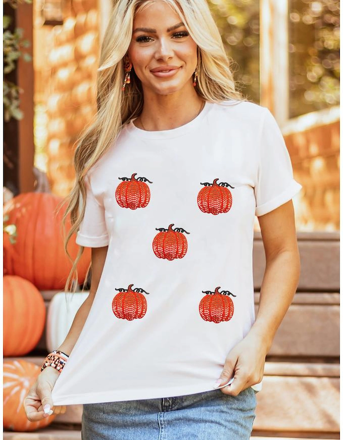 White Glitter Pumpkin Patched Cotton Blend T Shirt