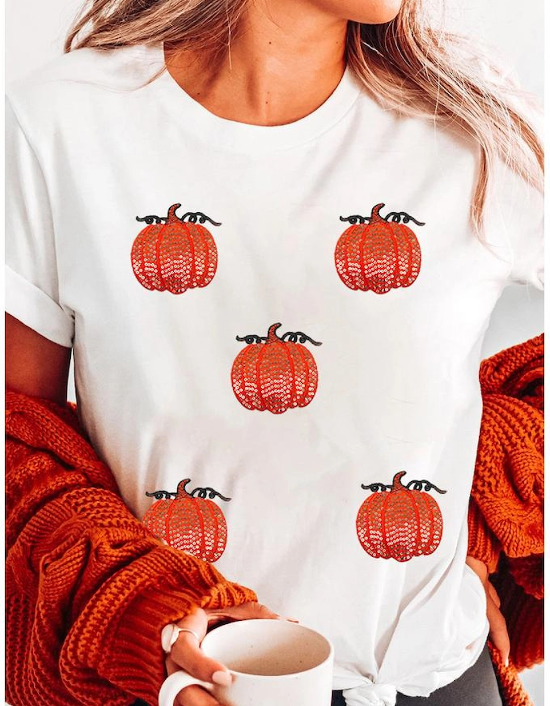 White Glitter Pumpkin Patched Cotton Blend T Shirt