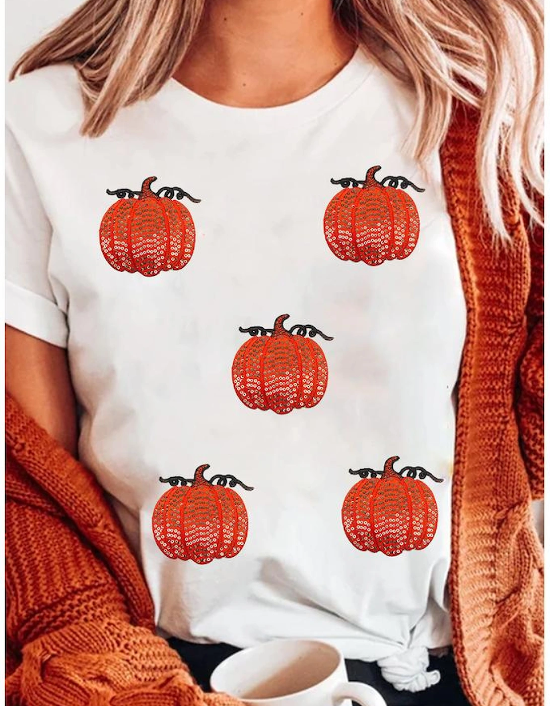 White Glitter Pumpkin Patched Cotton Blend T Shirt
