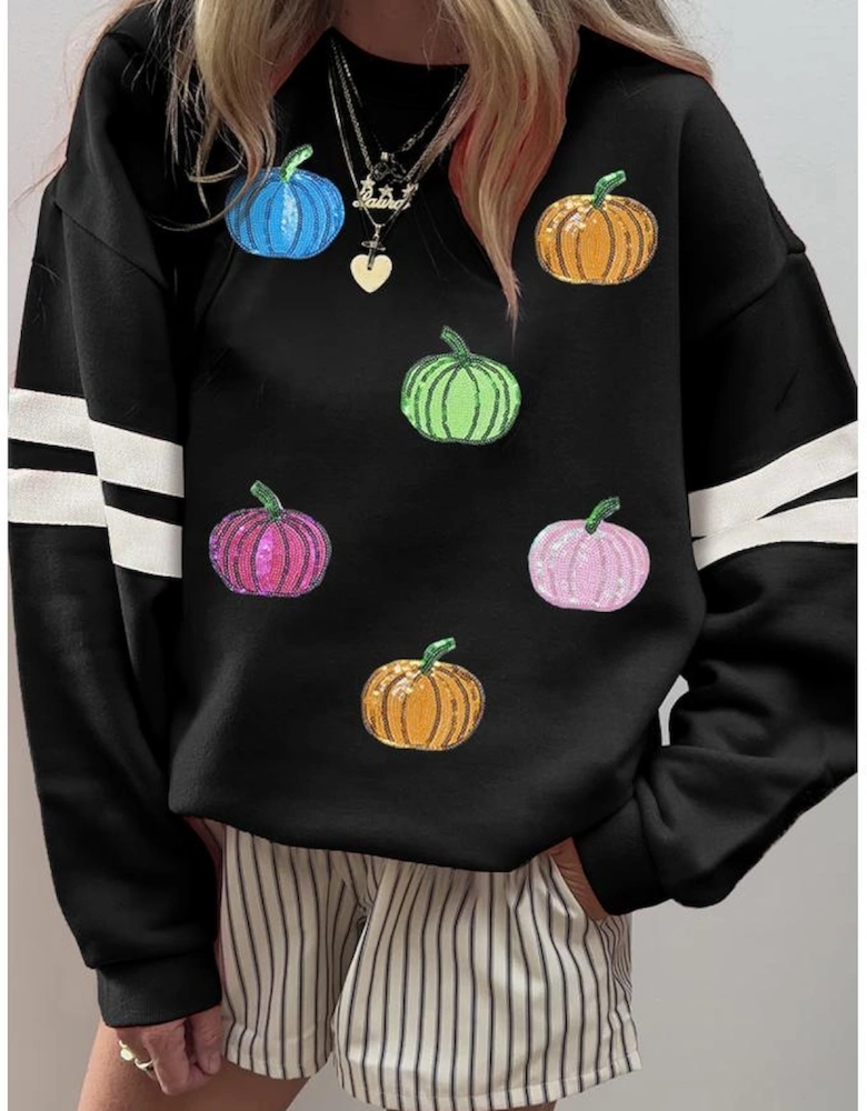 Black Multicolored Sequin Pumpkin Oversized Varsity Sweatshirt