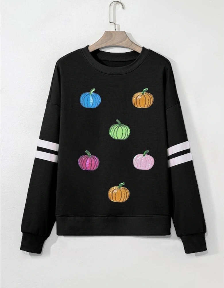 Black Multicolored Sequin Pumpkin Oversized Varsity Sweatshirt