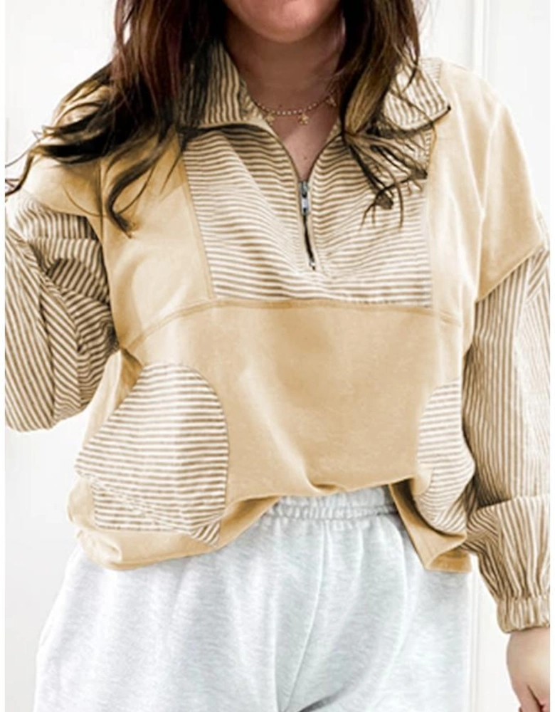 Khaki Stripe Mix Half Zip French Terry Plus Size Sweatshirt