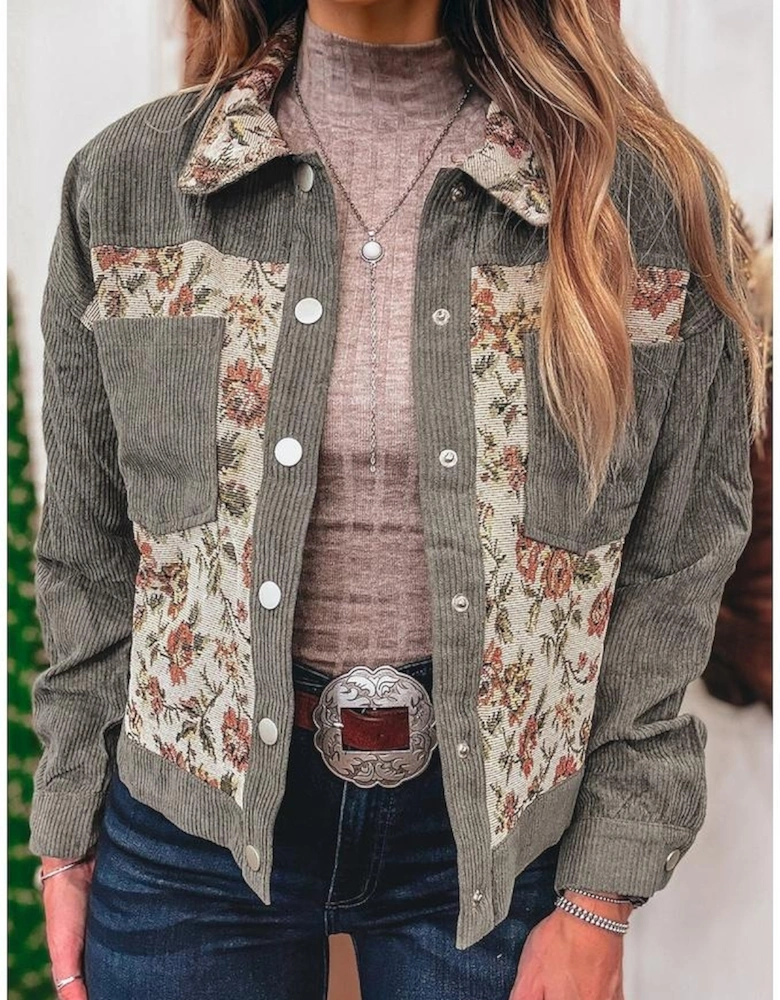 Medium Grey Ribbed Retro Floral Patchwork Shirt Style Jacket