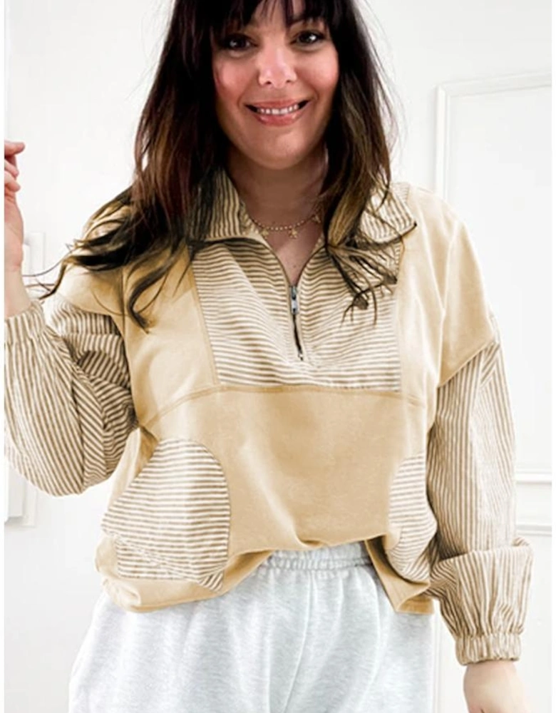 Khaki Stripe Mix Half Zip French Terry Plus Size Sweatshirt