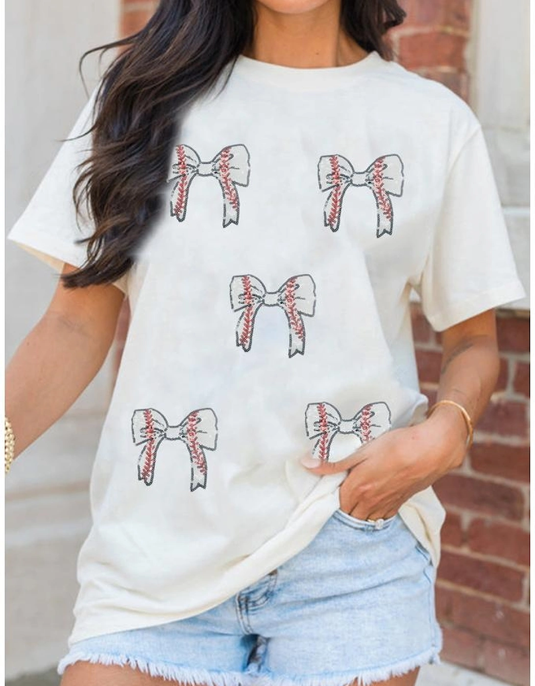 White Glitter Baseball Bow Patched Cotton Blend T Shirt