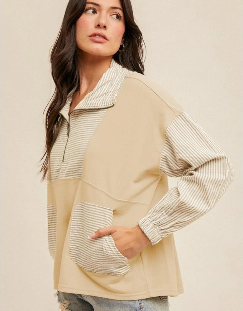 Khaki Stripe Mix Half Zip French Terry Plus Size Sweatshirt