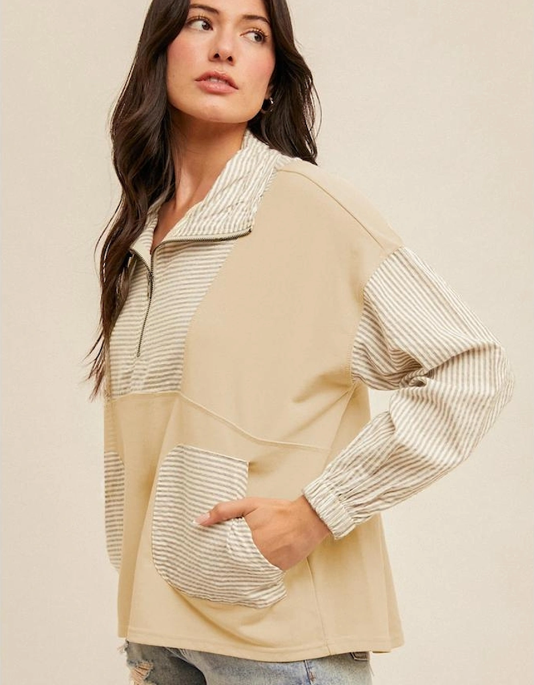 Khaki Stripe Mix Half Zip French Terry Plus Size Sweatshirt