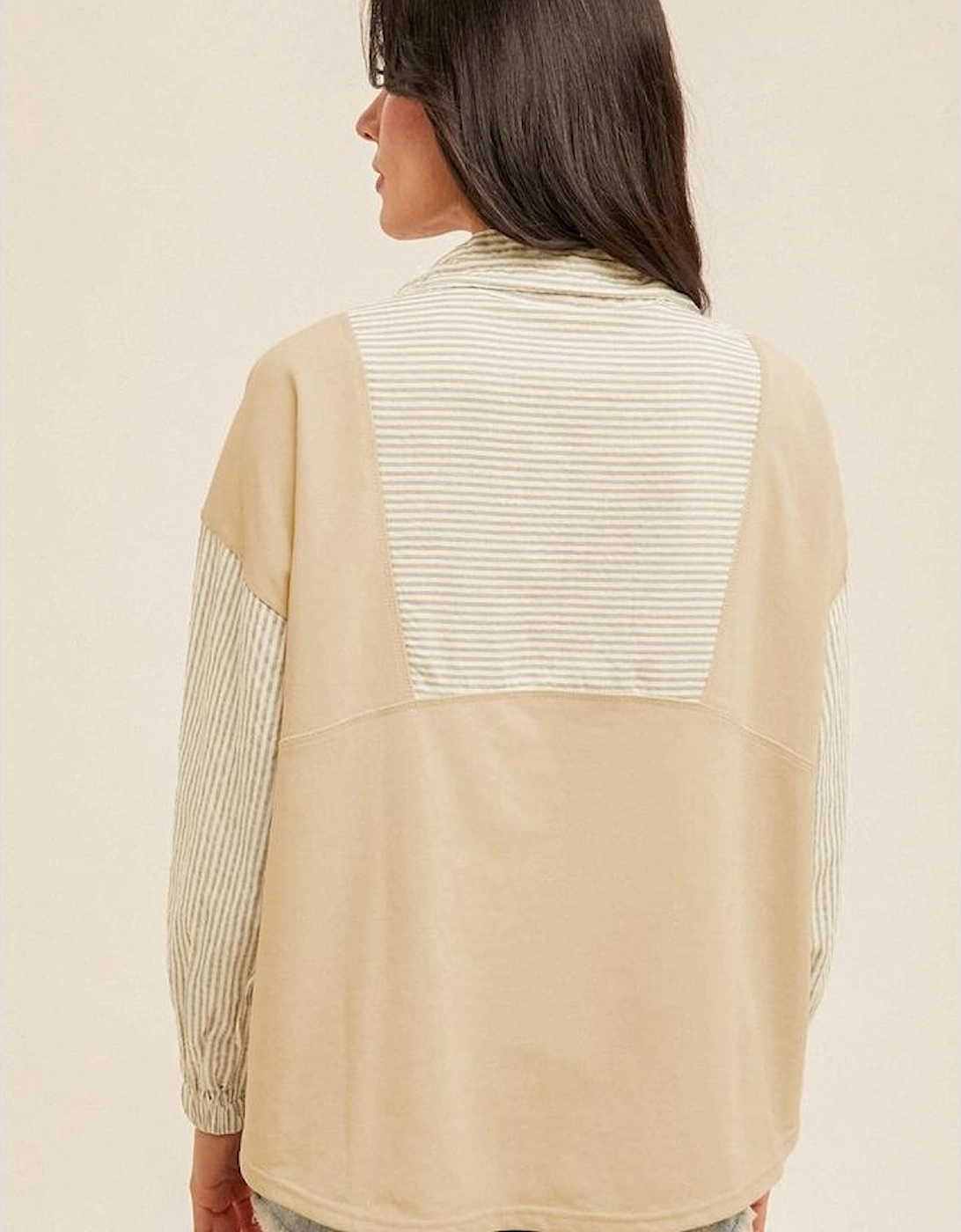 Khaki Stripe Mix Half Zip French Terry Plus Size Sweatshirt, 5 of 4