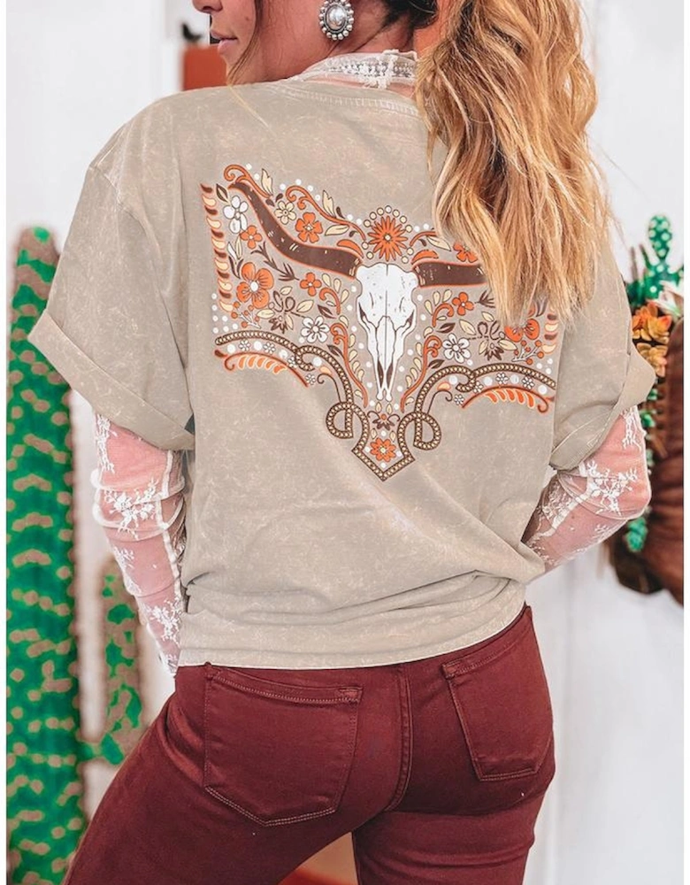 Smoke Gray Mineral Wash Floral Steer Head Printed Back Western Fashion Tee