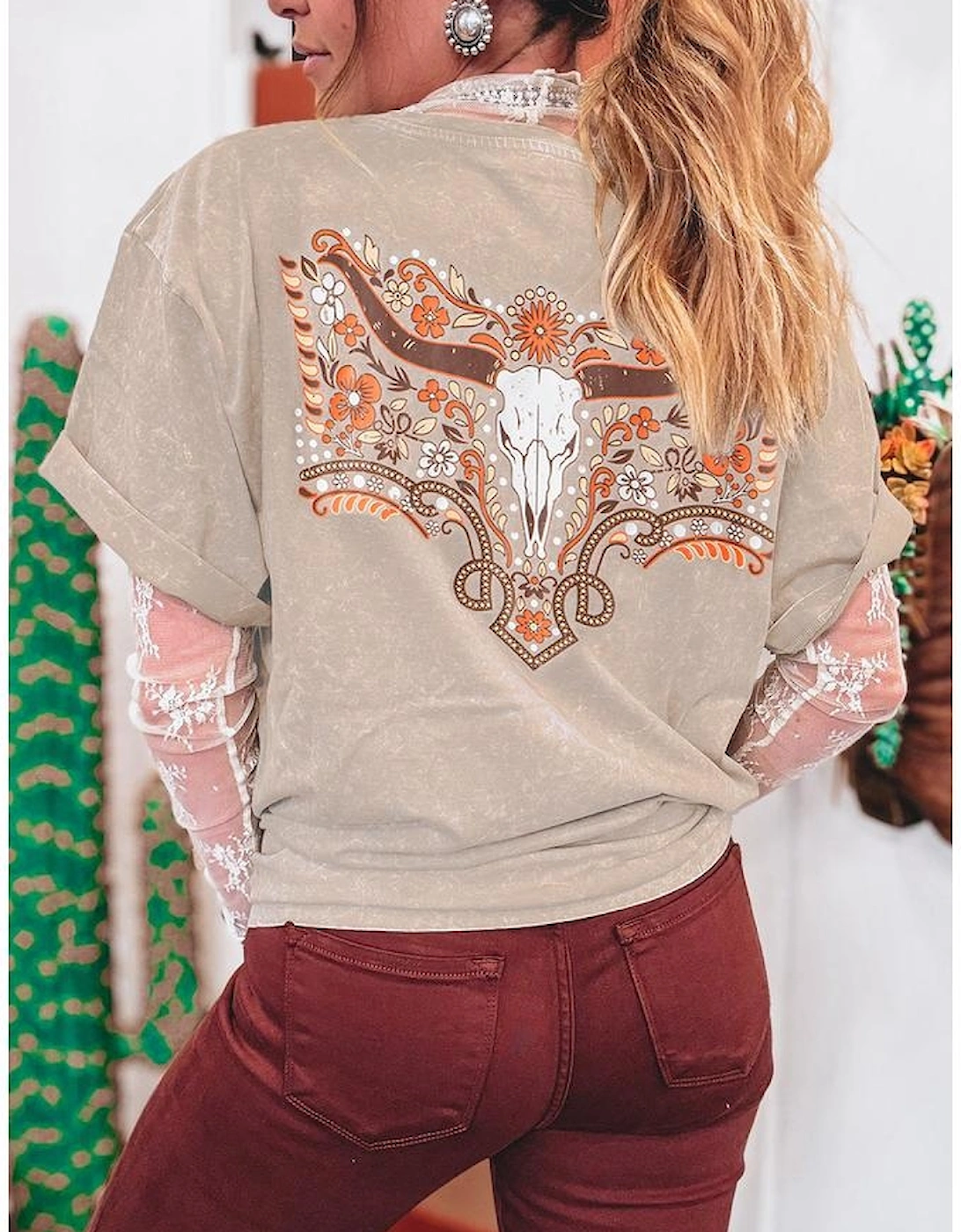 Smoke Gray Mineral Wash Floral Steer Head Printed Back Western Fashion Tee