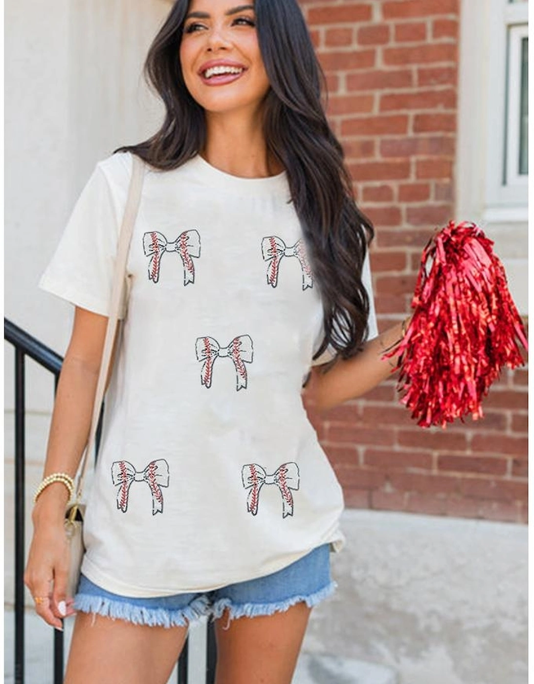 White Glitter Baseball Bow Patched Cotton Blend T Shirt