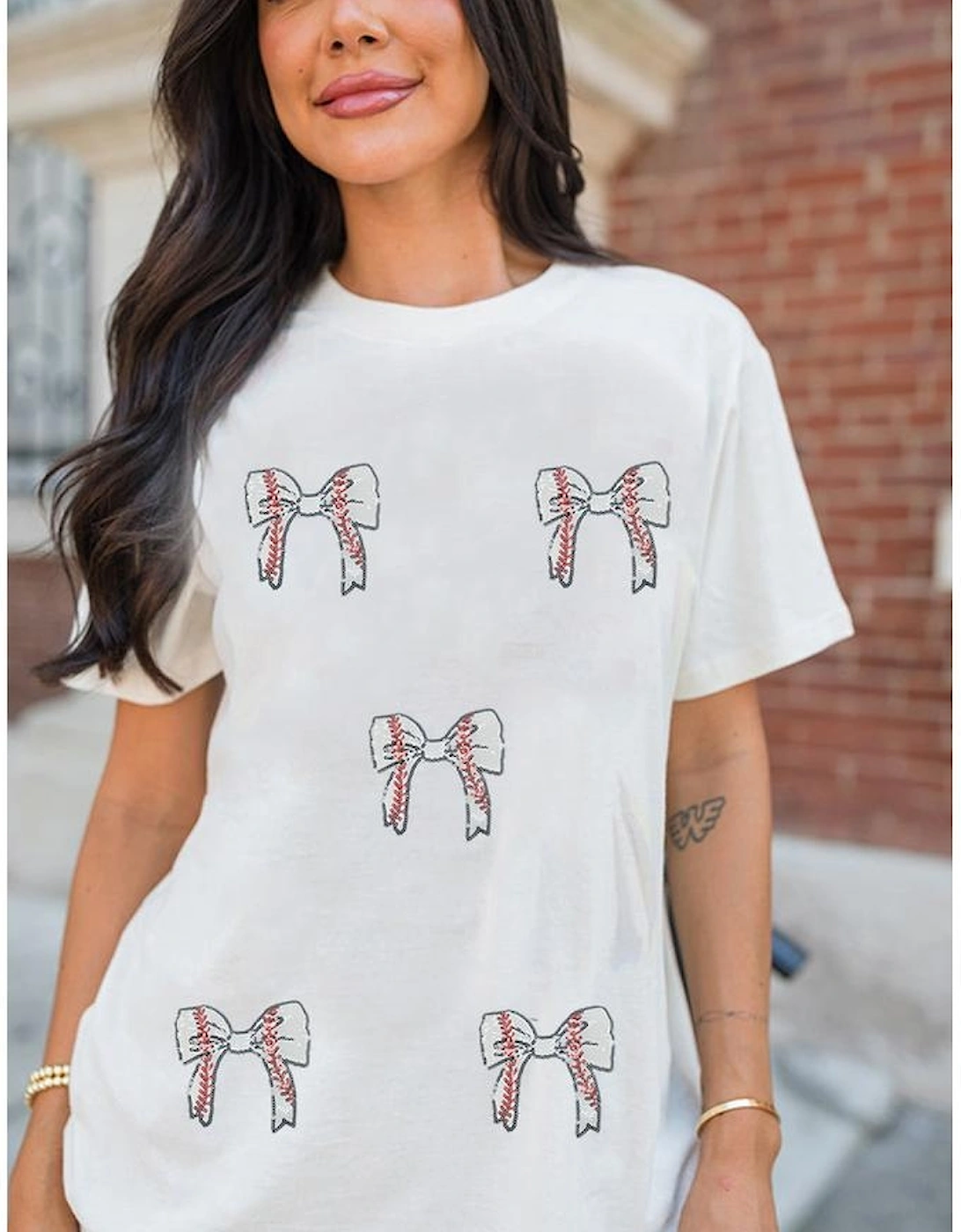 White Glitter Baseball Bow Patched Cotton Blend T Shirt