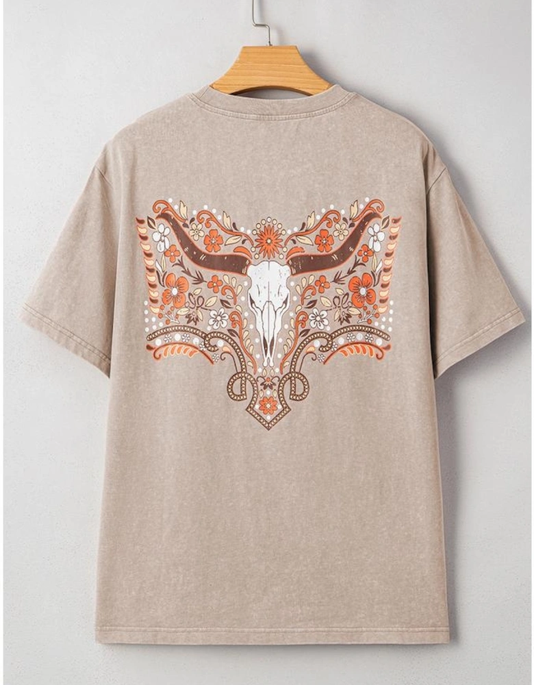 Smoke Gray Mineral Wash Floral Steer Head Printed Back Western Fashion Tee