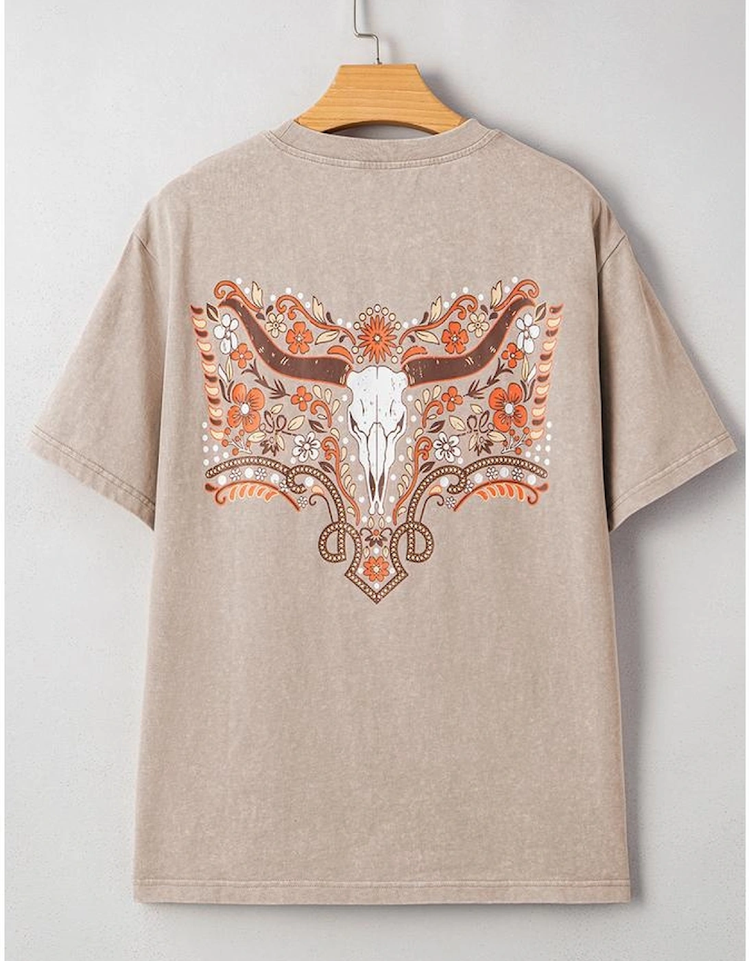 Smoke Gray Mineral Wash Floral Steer Head Printed Back Western Fashion Tee