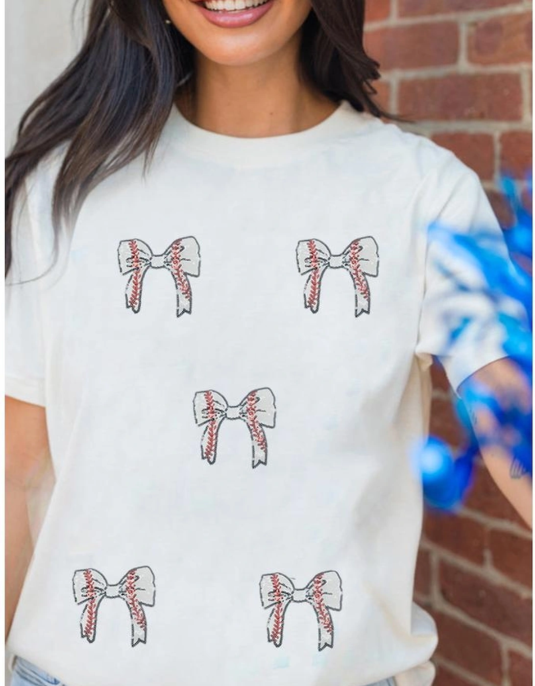 White Glitter Baseball Bow Patched Cotton Blend T Shirt