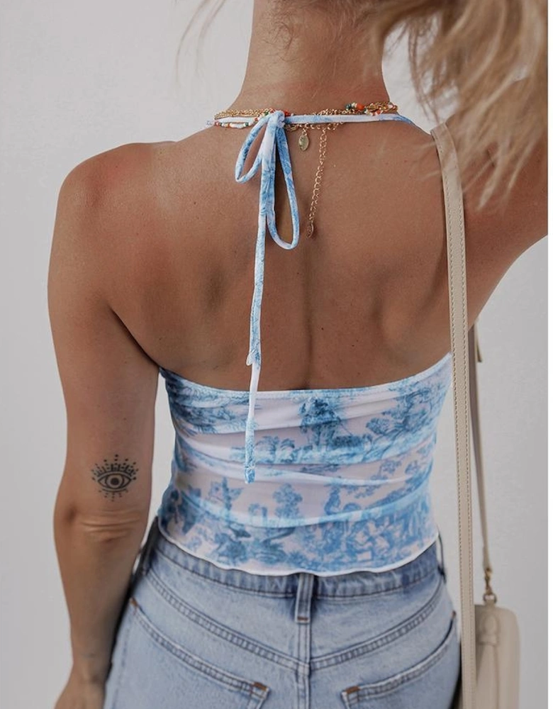 Sky Blue Random Printed Mesh Bow Detail Halterneck Tank Top