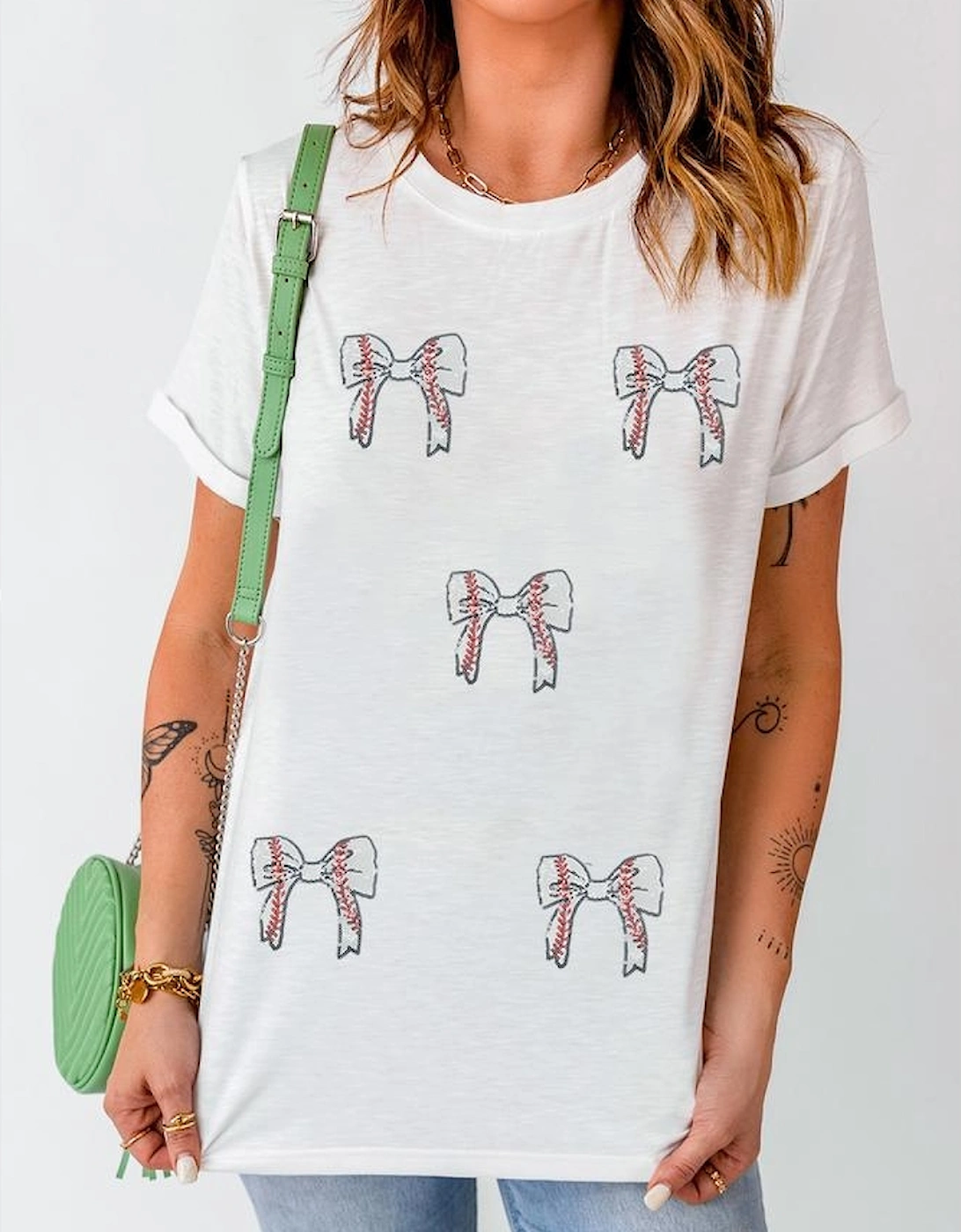 White Glitter Baseball Bow Patched Cotton Blend T Shirt