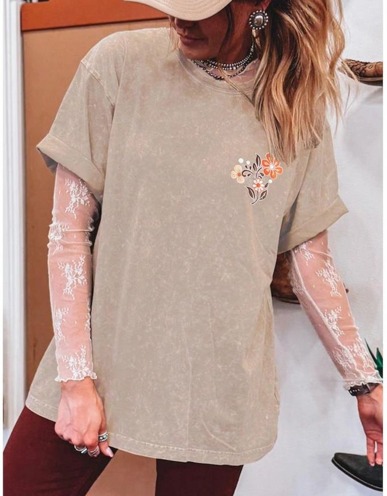 Smoke Gray Mineral Wash Floral Steer Head Printed Back Western Fashion Tee