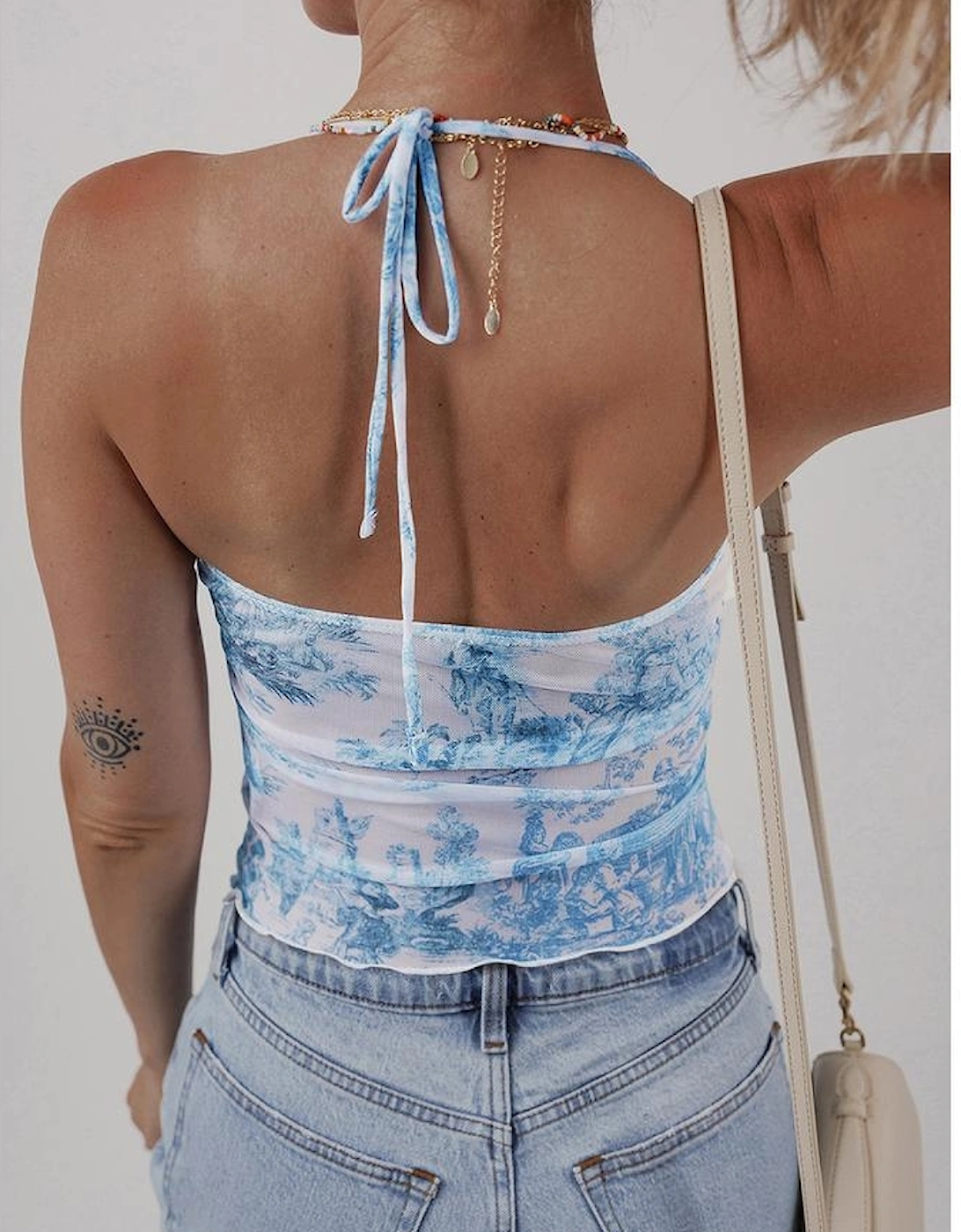 Sky Blue Random Printed Mesh Bow Detail Halterneck Tank Top