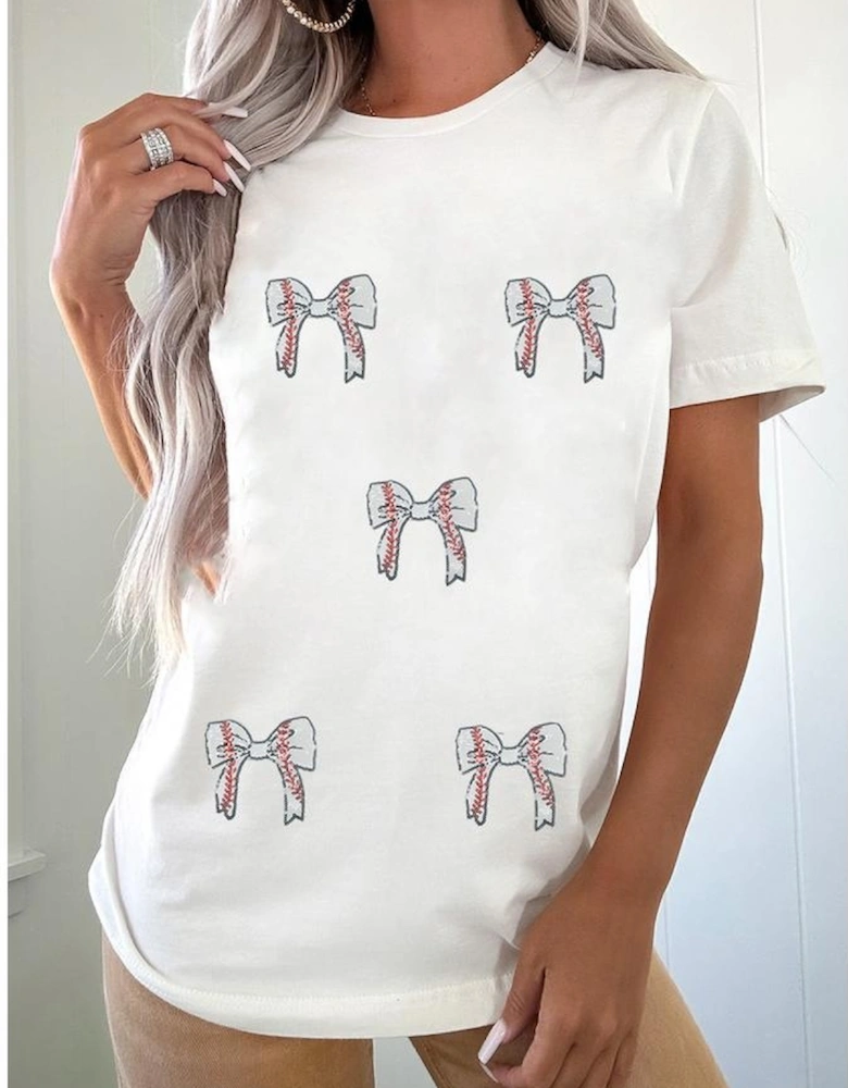 White Glitter Baseball Bow Patched Cotton Blend T Shirt