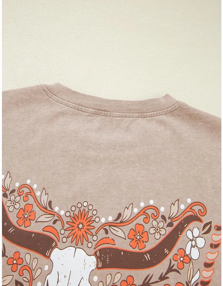 Smoke Gray Mineral Wash Floral Steer Head Printed Back Western Fashion Tee