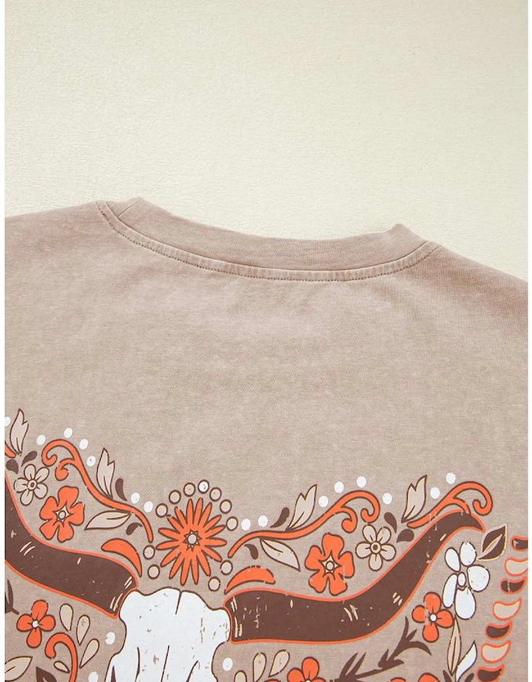Smoke Gray Mineral Wash Floral Steer Head Printed Back Western Fashion Tee
