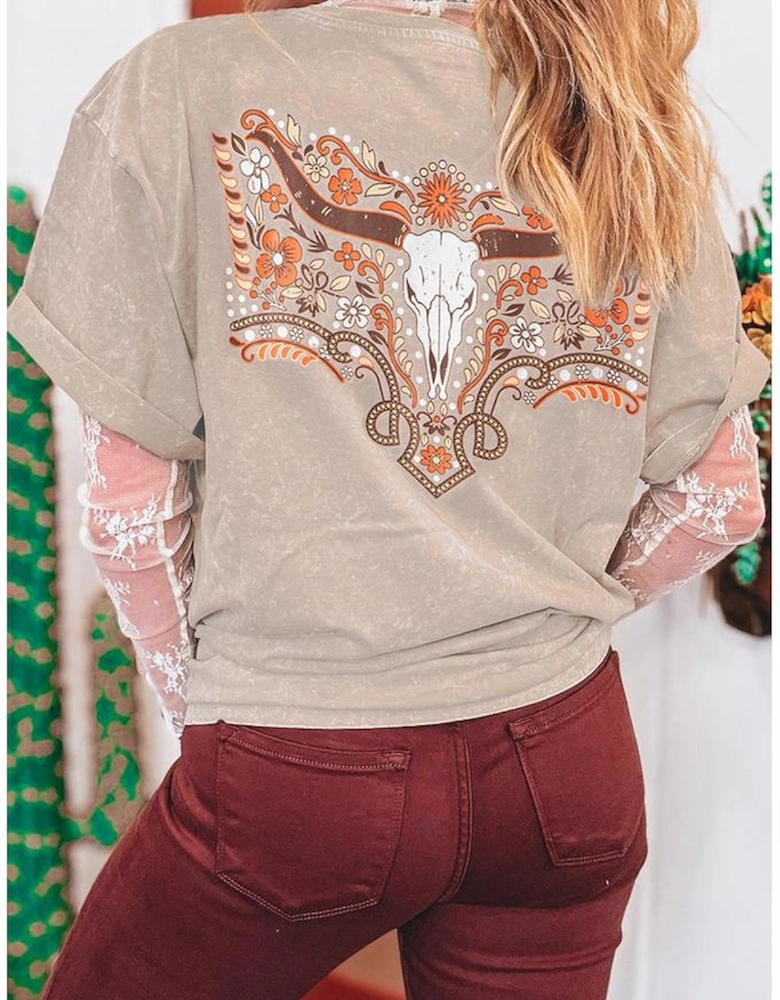 Smoke Gray Mineral Wash Floral Steer Head Printed Back Western Fashion Tee