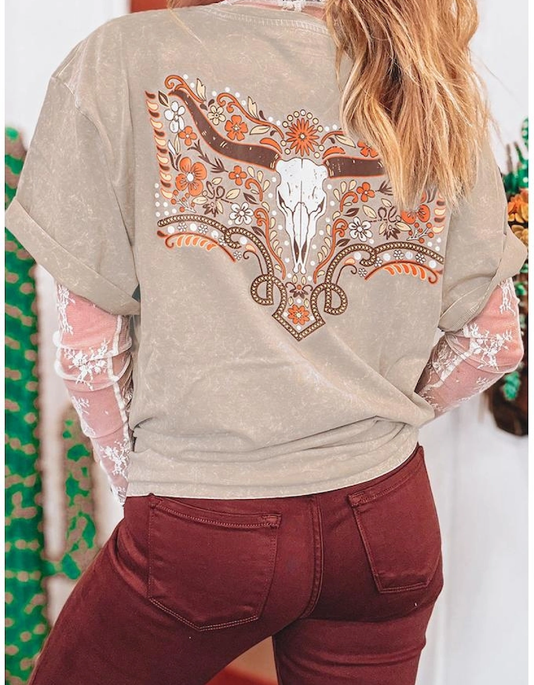 Smoke Gray Mineral Wash Floral Steer Head Printed Back Western Fashion Tee