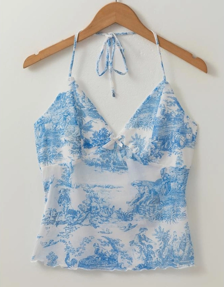 Sky Blue Random Printed Mesh Bow Detail Halterneck Tank Top