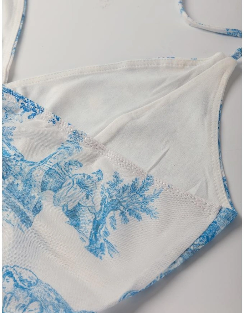 Sky Blue Random Printed Mesh Bow Detail Halterneck Tank Top