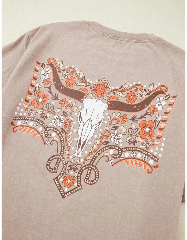 Smoke Gray Mineral Wash Floral Steer Head Printed Back Western Fashion Tee