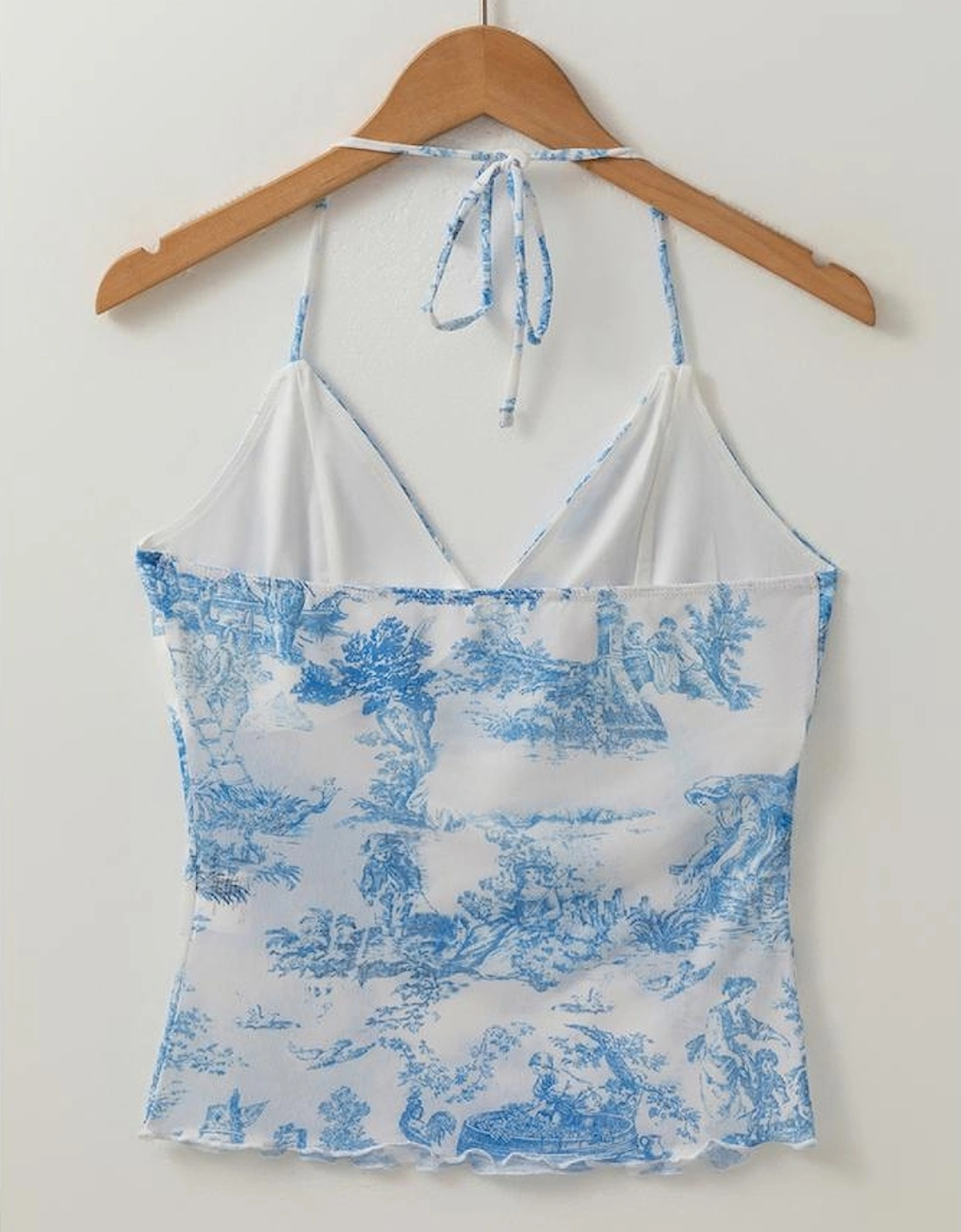 Sky Blue Random Printed Mesh Bow Detail Halterneck Tank Top