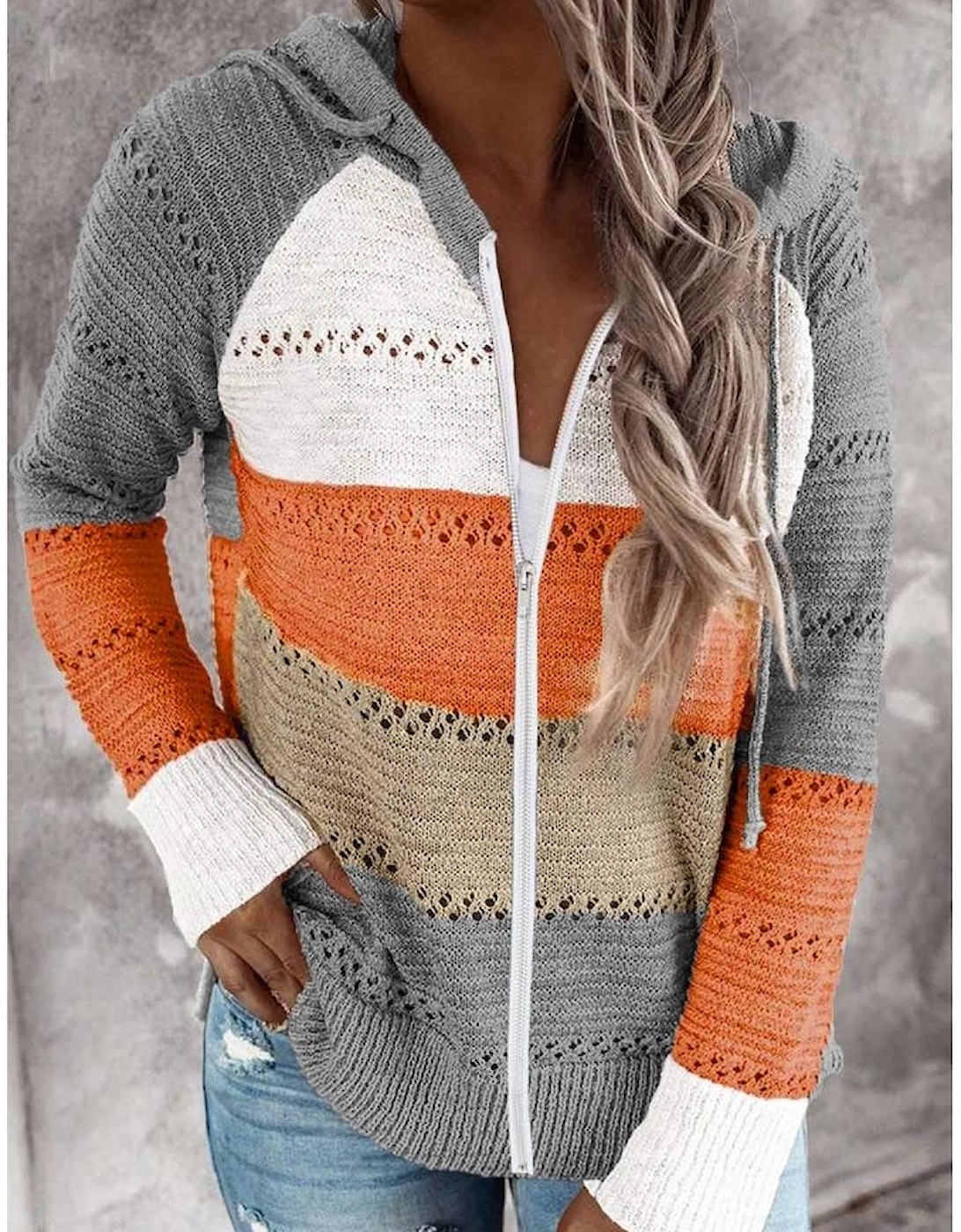 Gray Zipped Front Colorblock Hollow-out Knit Hoodie, 16 of 15