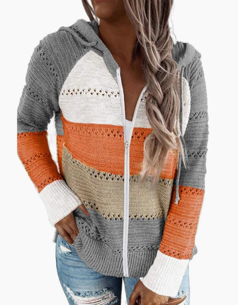 Gray Zipped Front Colorblock Hollow-out Knit Hoodie