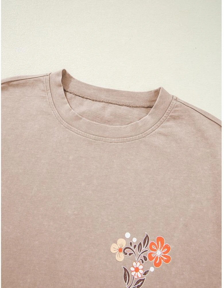 Smoke Gray Mineral Wash Floral Steer Head Printed Back Western Fashion Tee