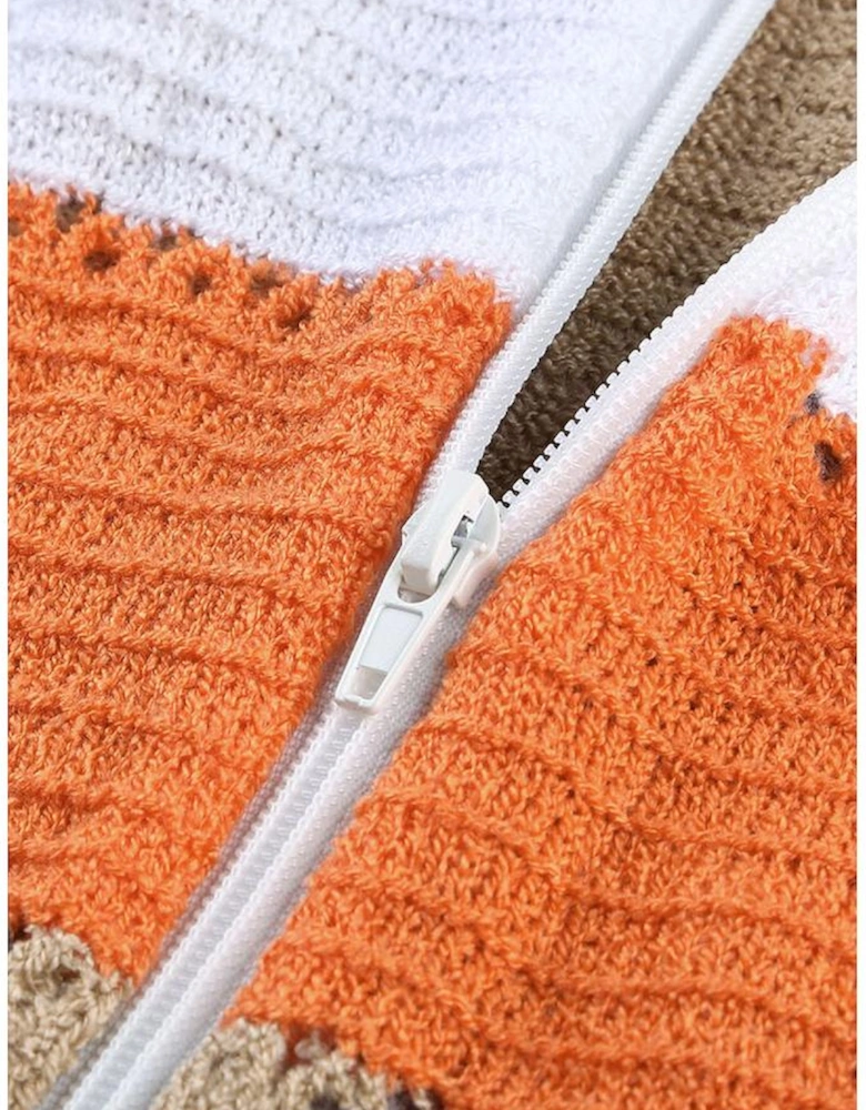 Gray Zipped Front Colorblock Hollow-out Knit Hoodie