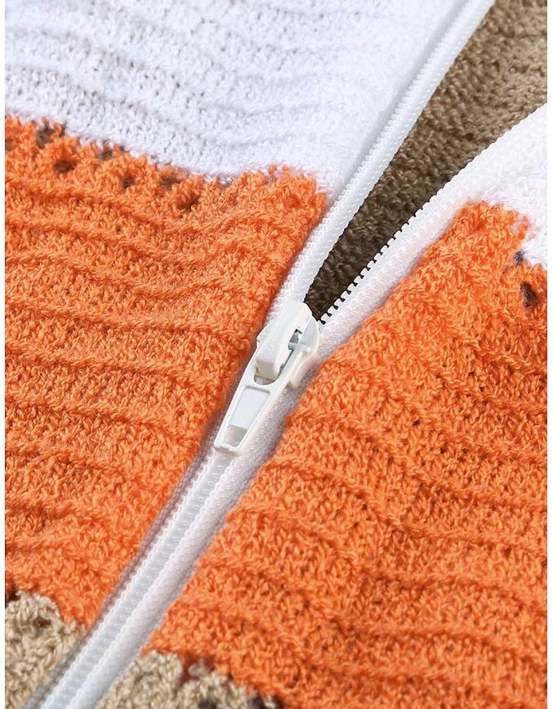 Gray Zipped Front Colorblock Hollow-out Knit Hoodie