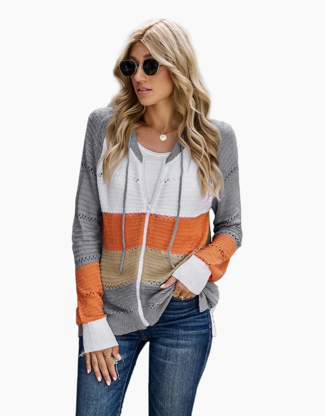 Gray Zipped Front Colorblock Hollow-out Knit Hoodie