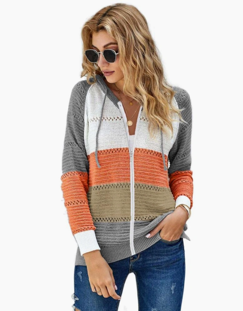 Gray Zipped Front Colorblock Hollow-out Knit Hoodie