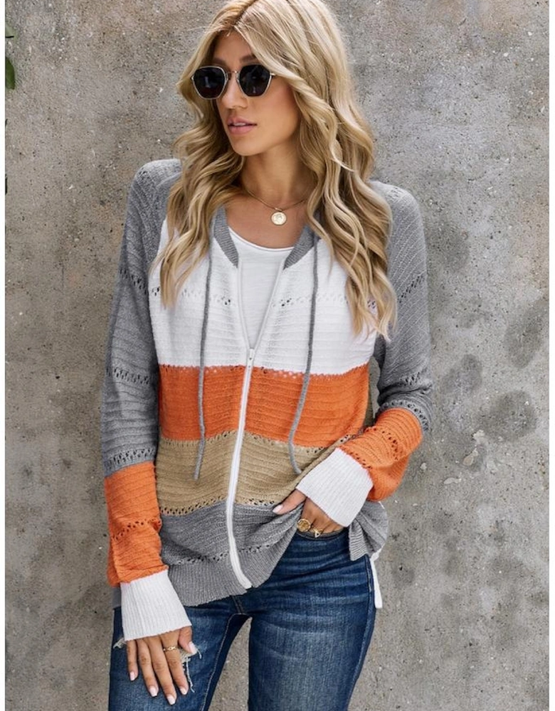 Gray Zipped Front Colorblock Hollow-out Knit Hoodie