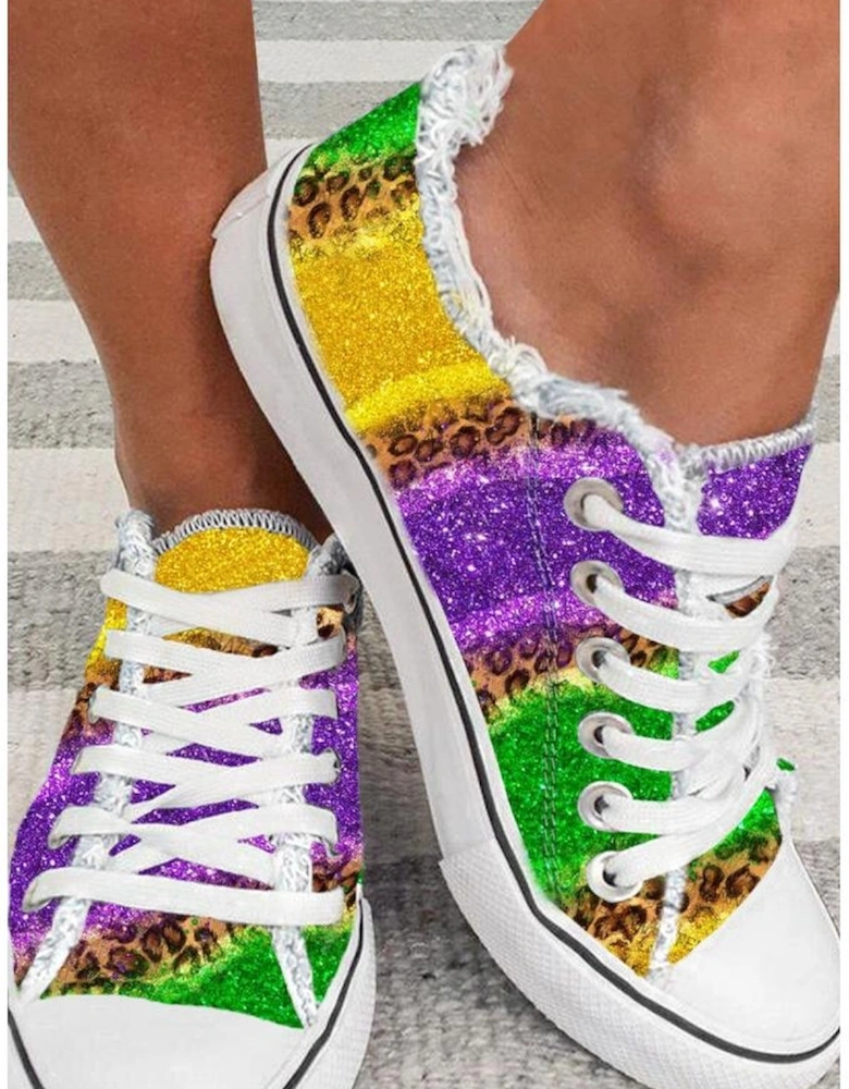 Multicolor Leopard Color Block Lace-up Canvas Shoes