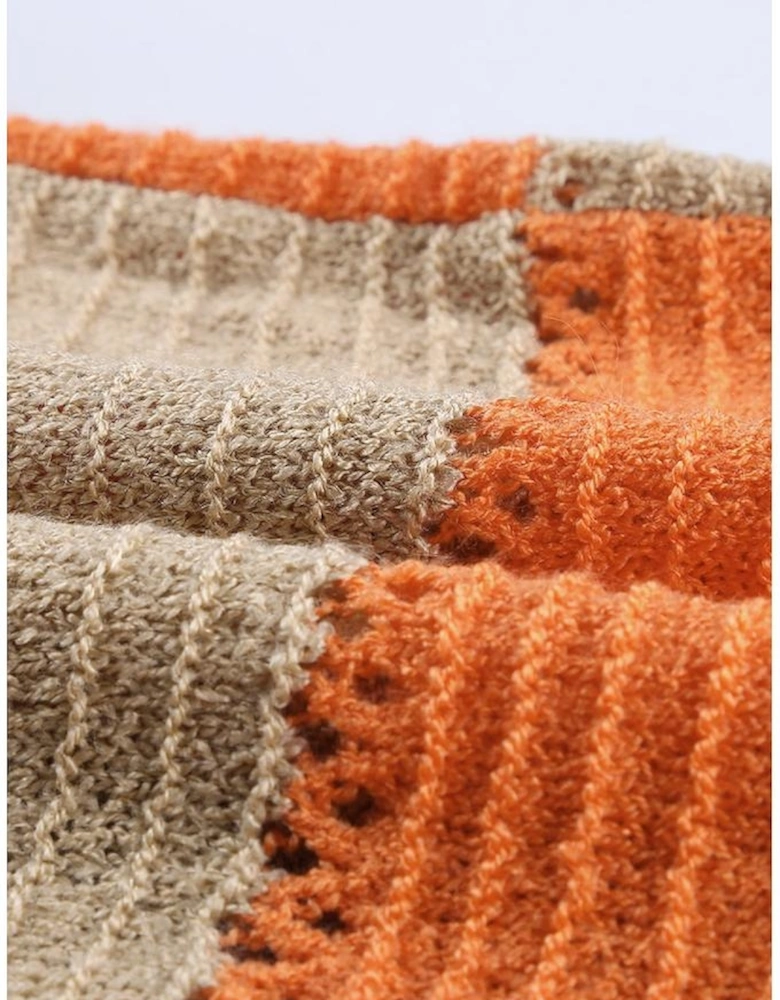 Gray Zipped Front Colorblock Hollow-out Knit Hoodie