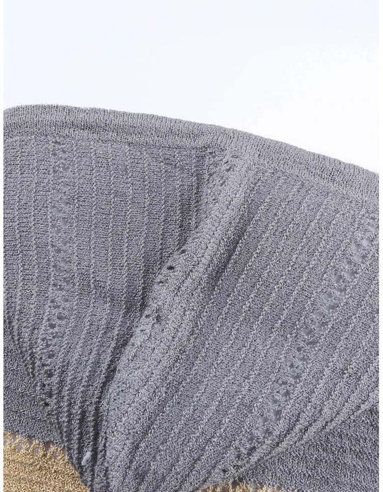 Gray Zipped Front Colorblock Hollow-out Knit Hoodie